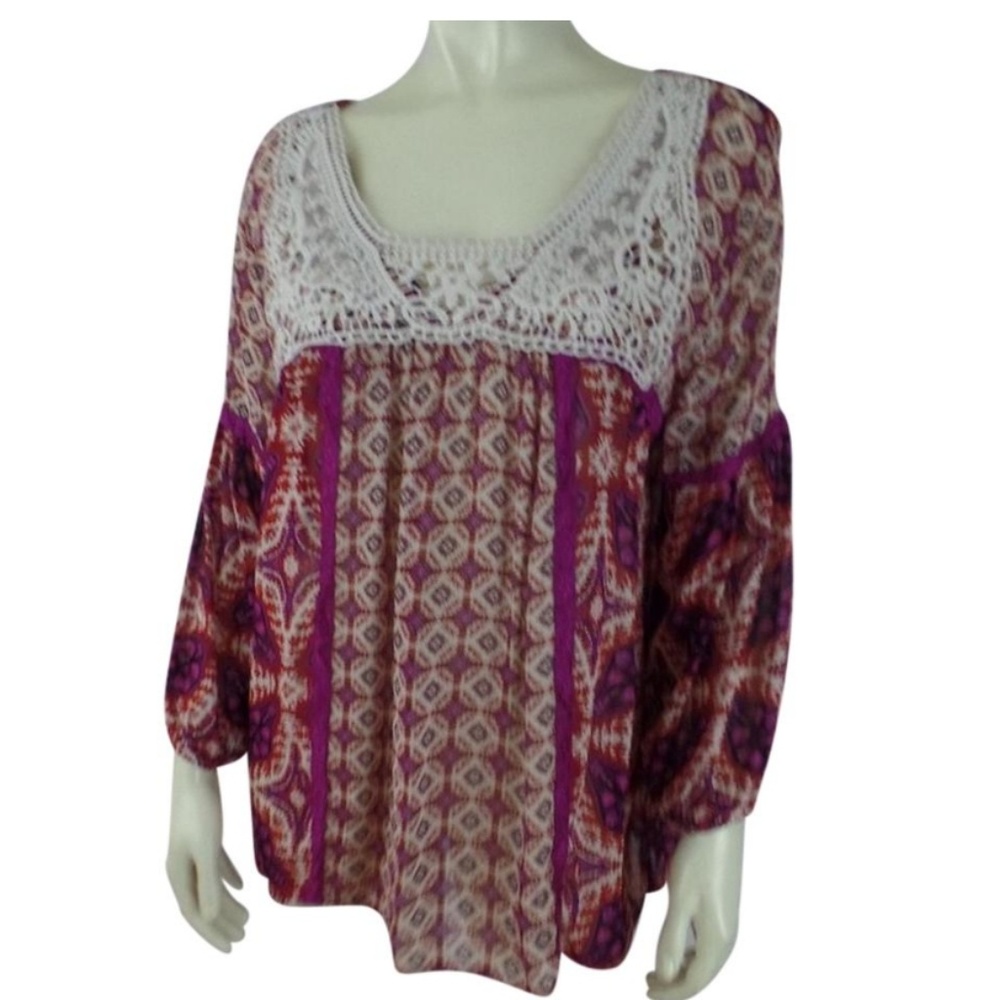Bila Blouse Top L New Fuschia Rayon Sheer Boho